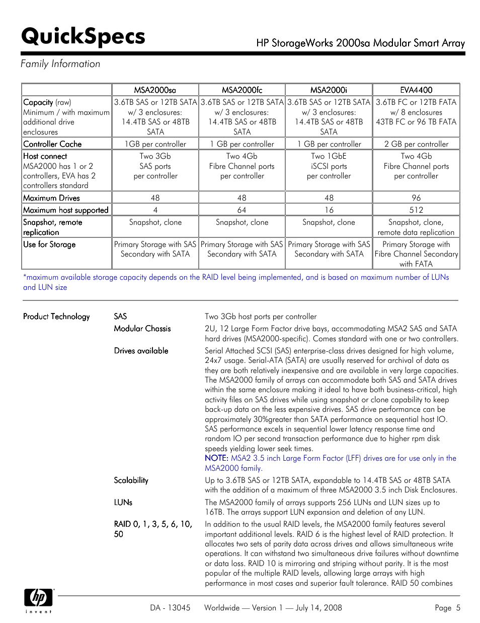 Family information, Quickspecs, Hp storageworks 2000sa modular smart array | HP 2000sa User Manual | Page 5 / 21