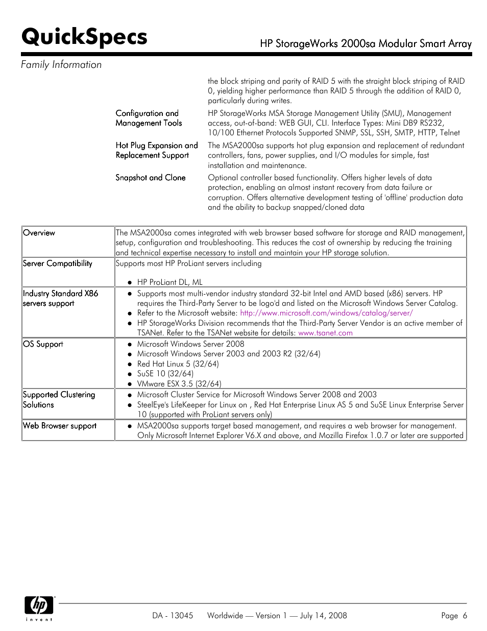 Quickspecs, Hp storageworks 2000sa modular smart array | HP 2000sa User Manual | Page 6 / 21