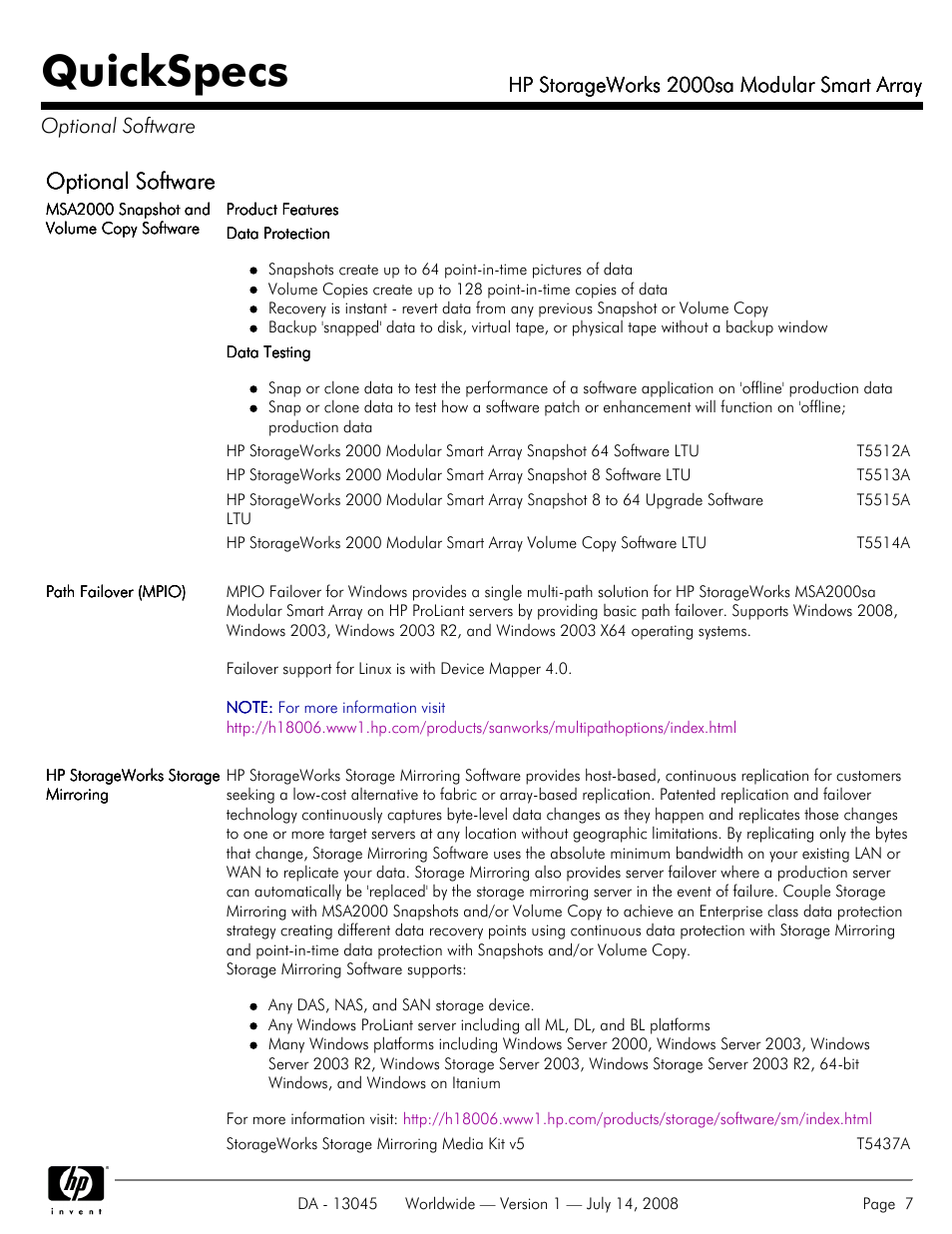 Optional software, Quickspecs, Hp storageworks 2000sa modular smart array | HP 2000sa User Manual | Page 7 / 21