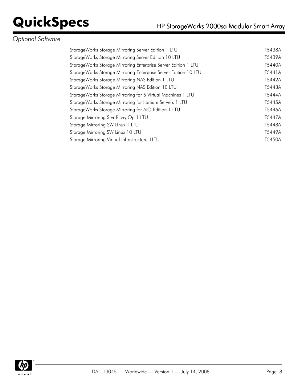 Quickspecs, Hp storageworks 2000sa modular smart array | HP 2000sa User Manual | Page 8 / 21