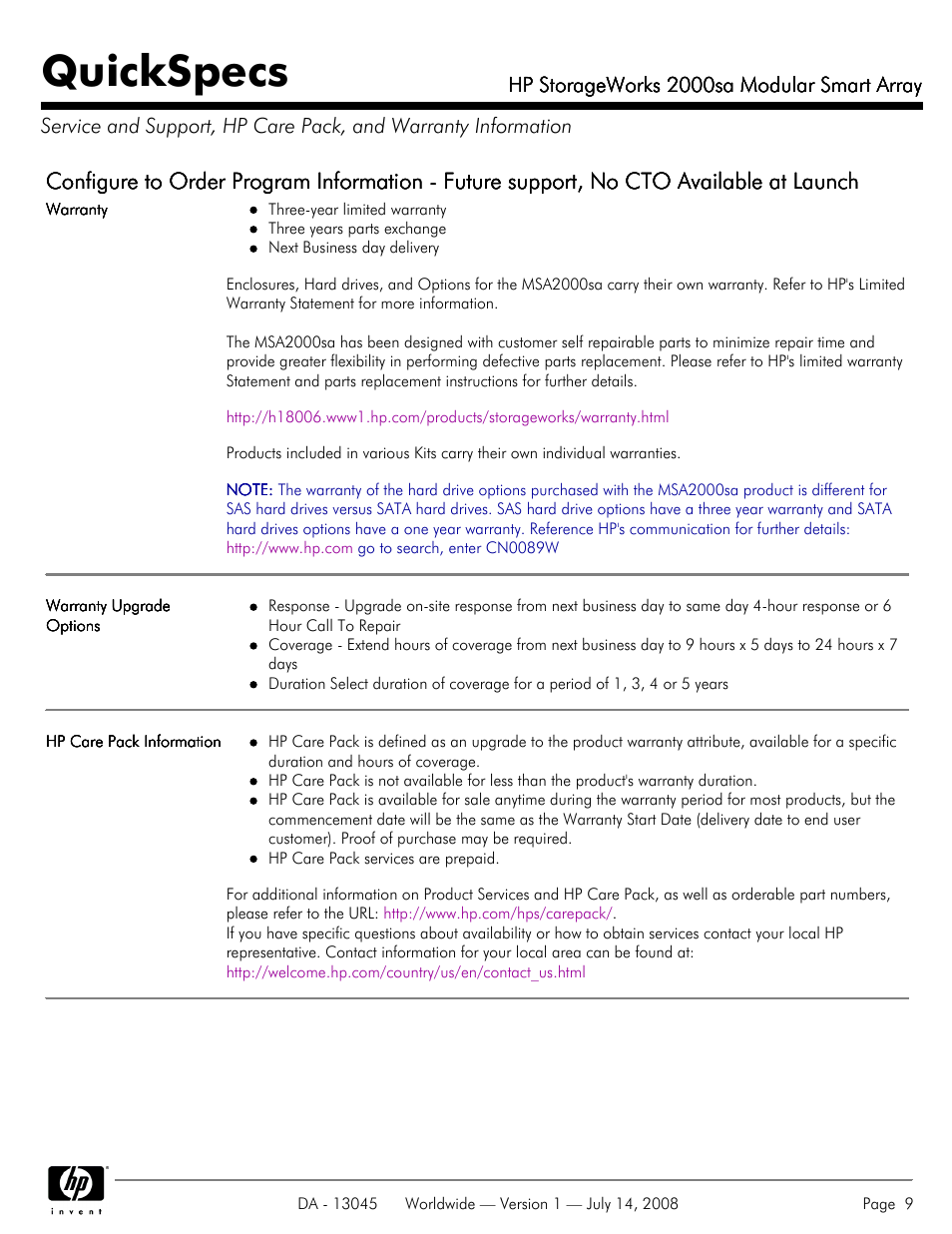 Quickspecs | HP 2000sa User Manual | Page 9 / 21