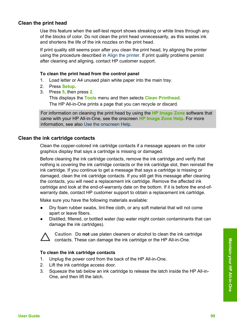 Clean the print head, Clean the ink cartridge contacts | HP 3200 User Manual | Page 102 / 144