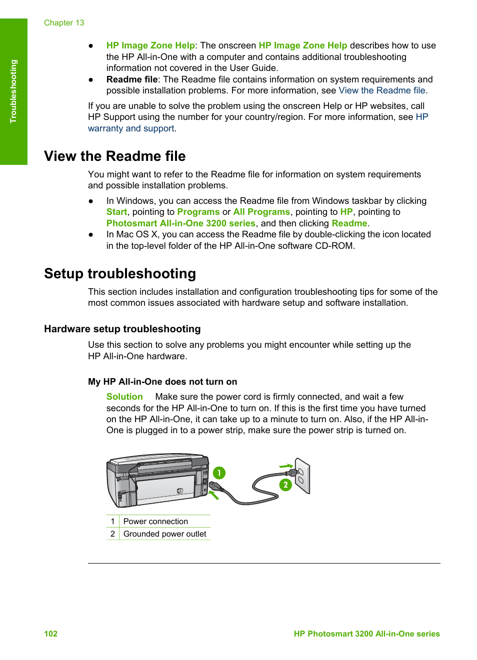 View the readme file, Setup troubleshooting, Hardware setup troubleshooting | View the readme file setup troubleshooting | HP 3200 User Manual | Page 105 / 144