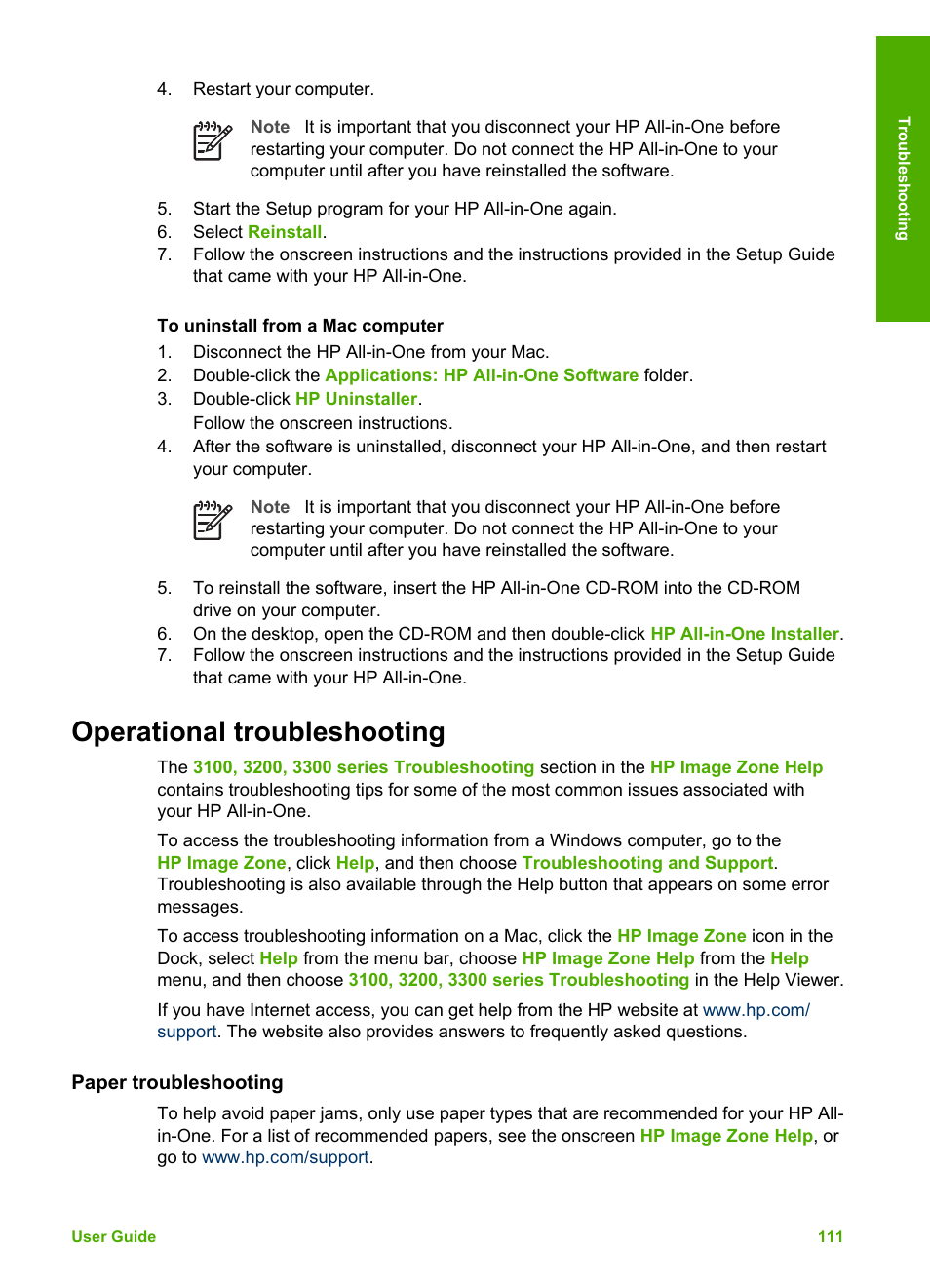 Operational troubleshooting, Paper troubleshooting | HP 3200 User Manual | Page 114 / 144