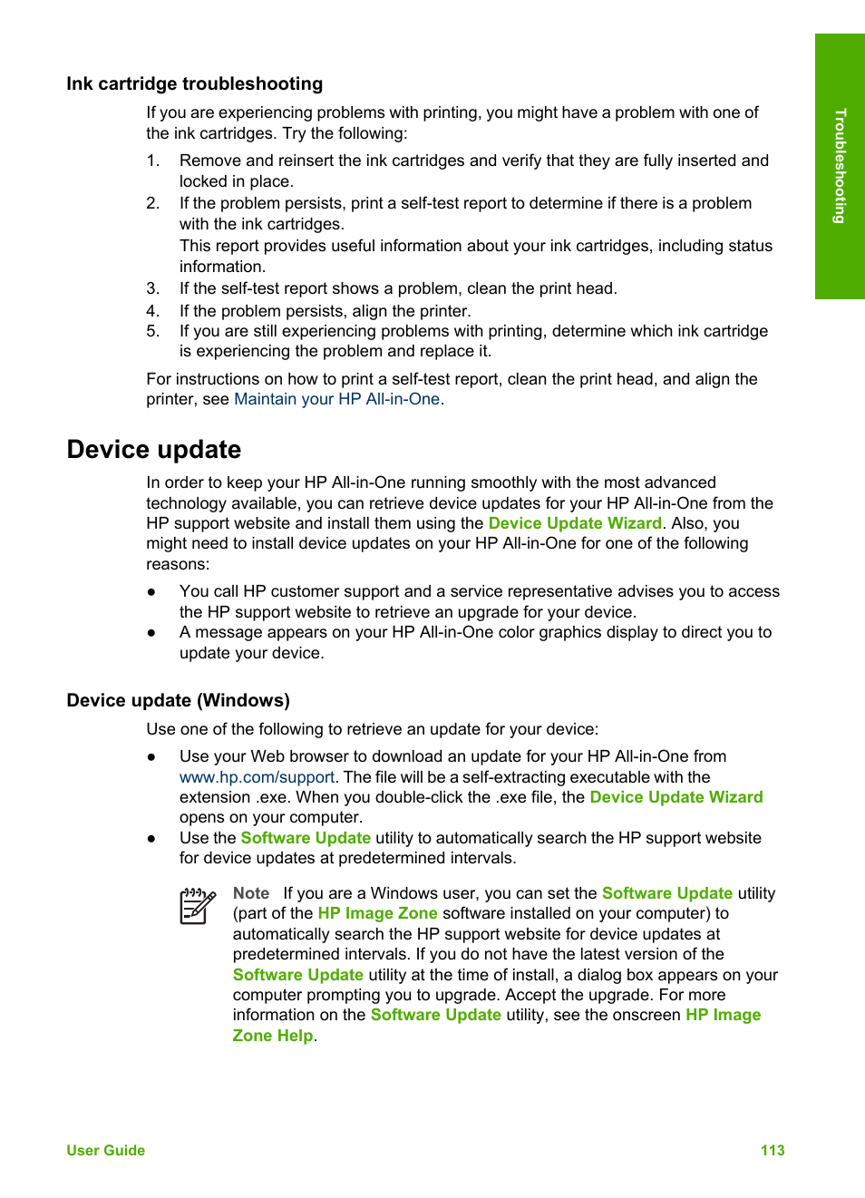 Ink cartridge troubleshooting, Device update, Device update (windows) | HP 3200 User Manual | Page 116 / 144