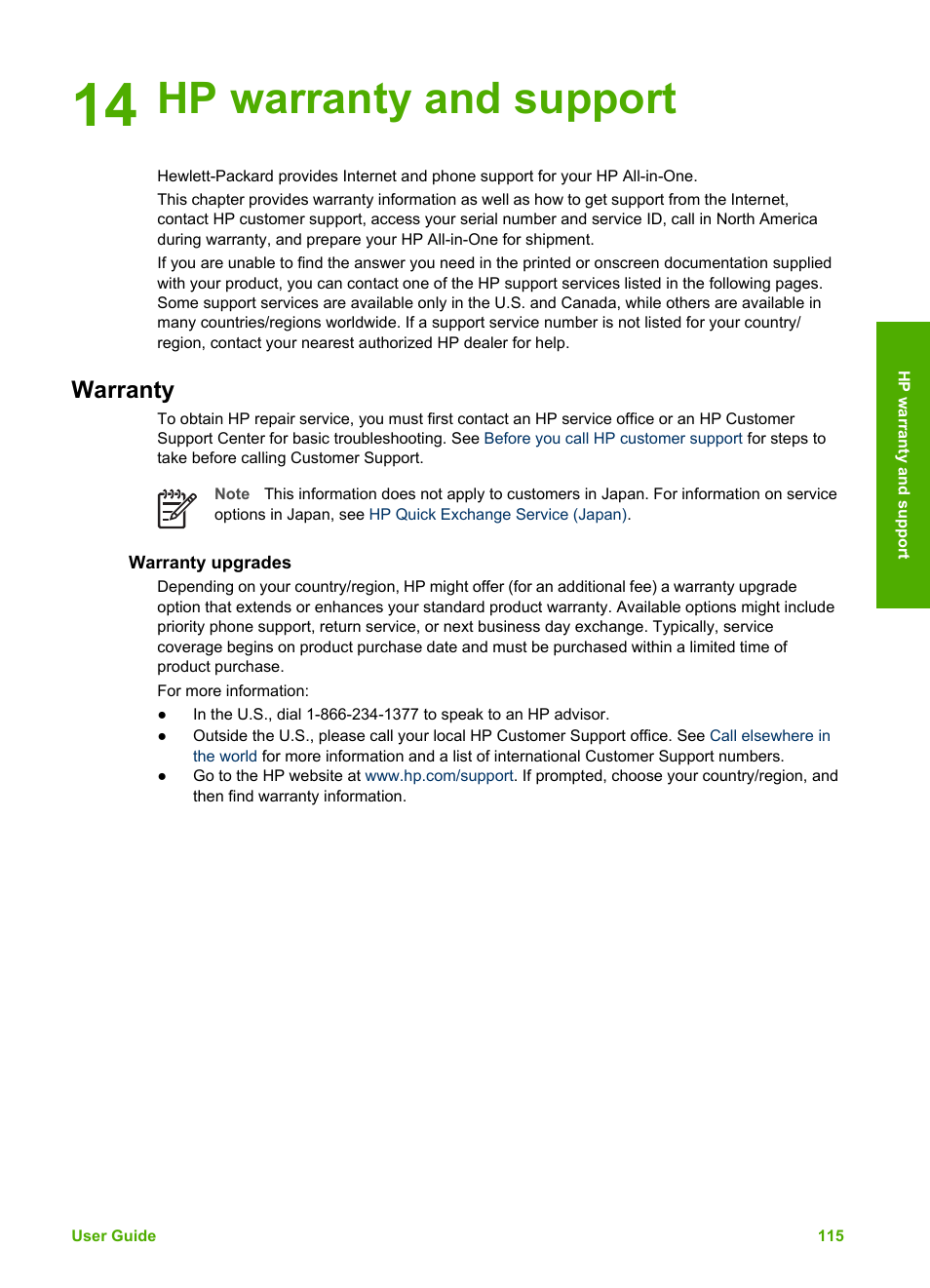 Hp warranty and support, Warranty, Warranty upgrades | 14 hp warranty and support, Warranty and support | HP 3200 User Manual | Page 118 / 144