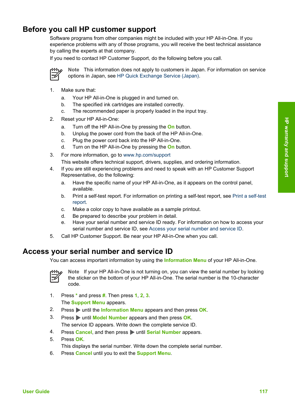 Before you call hp customer support, Access your serial number and service id | HP 3200 User Manual | Page 120 / 144