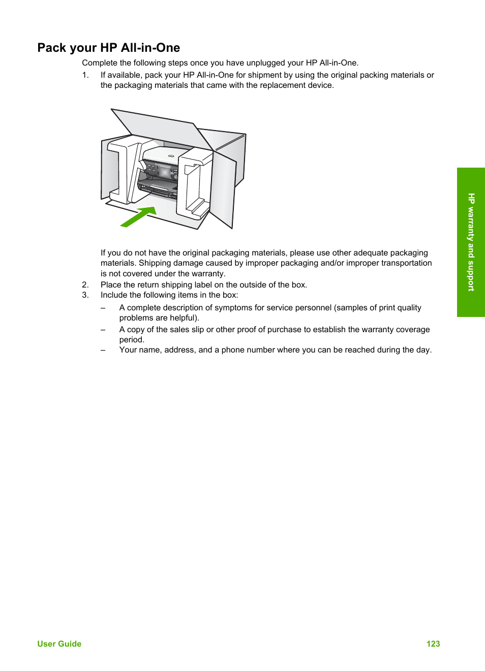 Pack your hp all-in-one, For exchange, see | HP 3200 User Manual | Page 126 / 144