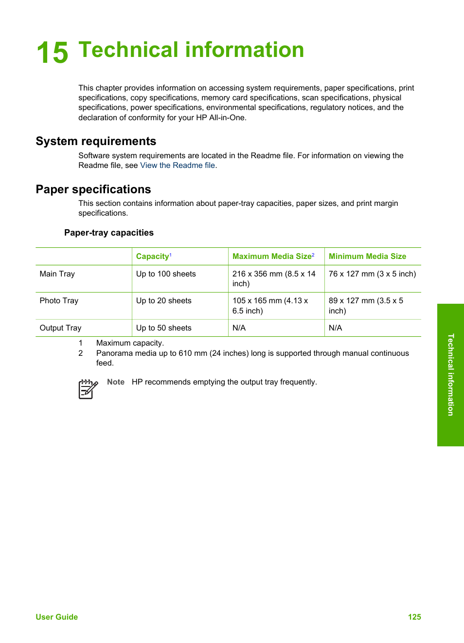 Technical information, System requirements, Paper specifications | Paper-tray capacities, 15 technical information, System requirements paper specifications | HP 3200 User Manual | Page 128 / 144