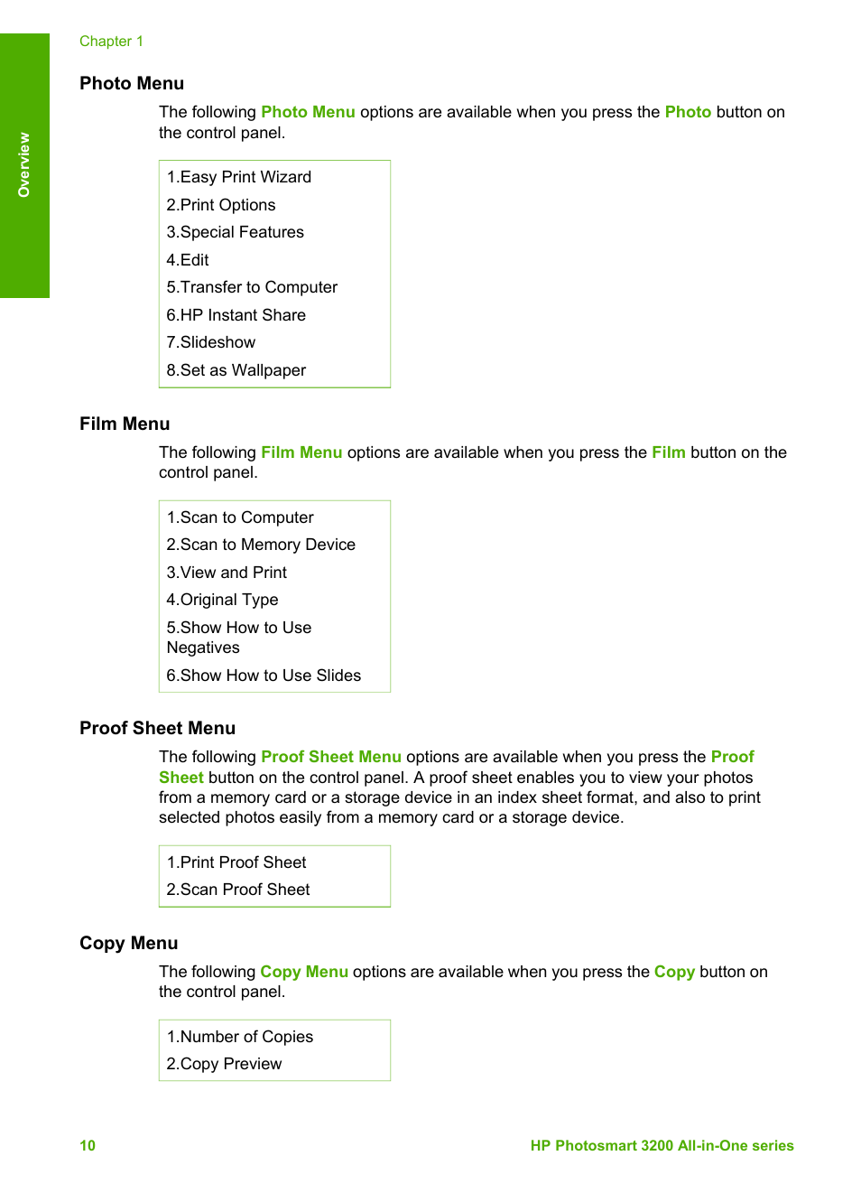 Photo menu, Film menu, Proof sheet menu | Copy menu | HP 3200 User Manual | Page 13 / 144