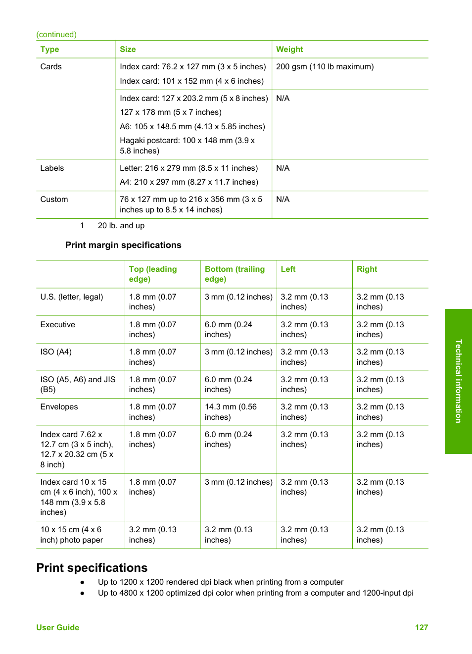 Print margin specifications, Print specifications | HP 3200 User Manual | Page 130 / 144
