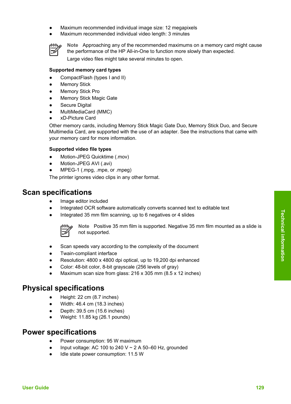 Scan specifications, Physical specifications, Power specifications | HP 3200 User Manual | Page 132 / 144