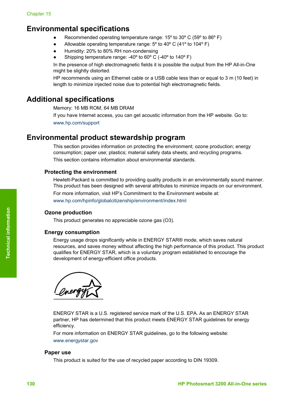 Environmental specifications, Additional specifications, Environmental product stewardship program | Protecting the environment, Ozone production, Energy consumption, Paper use | HP 3200 User Manual | Page 133 / 144