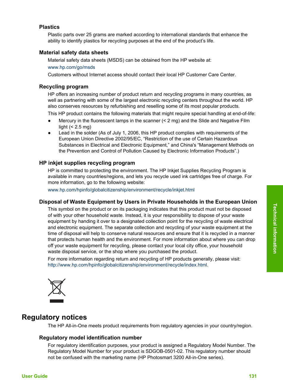 Plastics, Material safety data sheets, Recycling program | Hp inkjet supplies recycling program, Regulatory notices, Regulatory model identification number | HP 3200 User Manual | Page 134 / 144