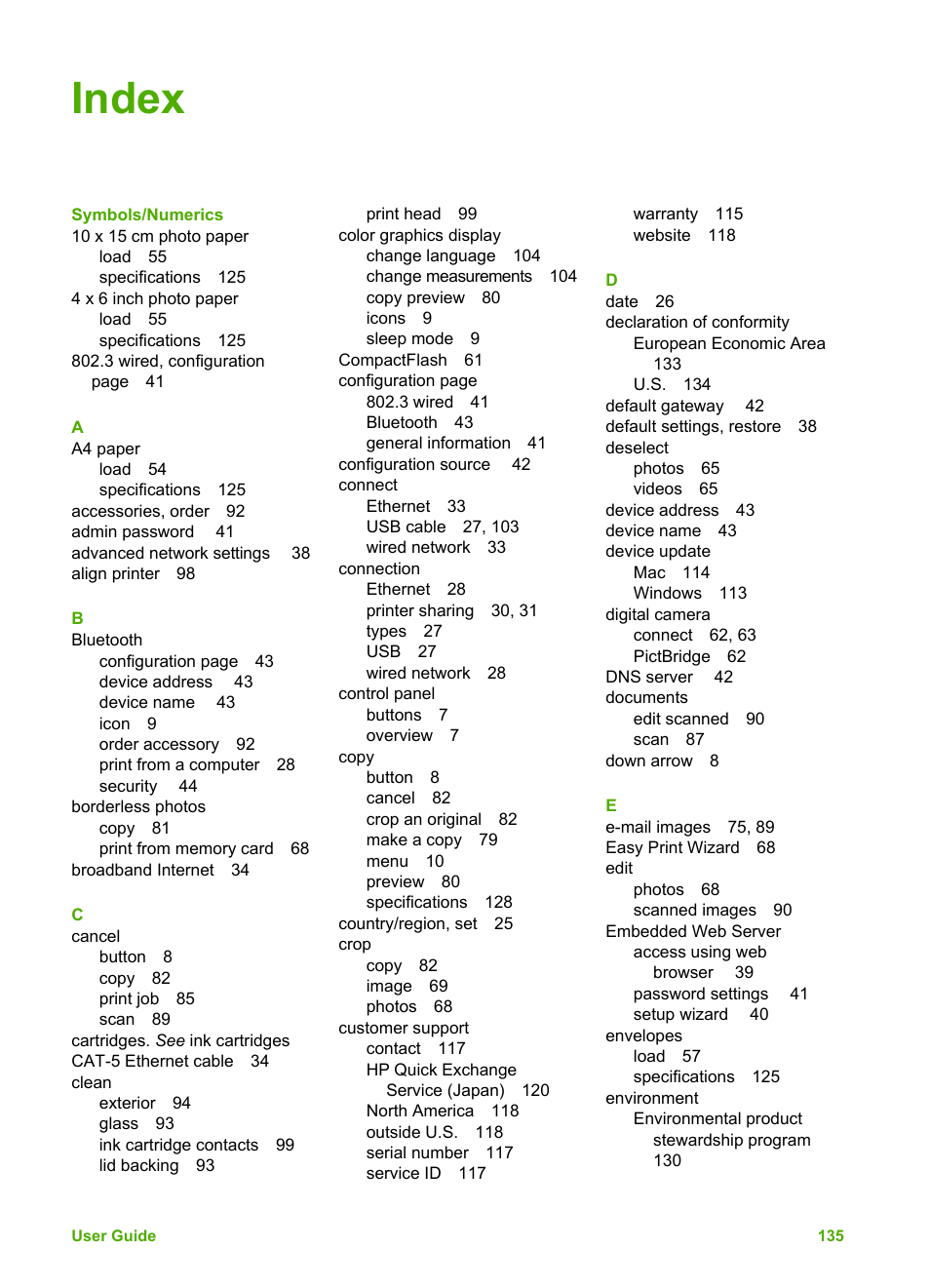 Index | HP 3200 User Manual | Page 138 / 144