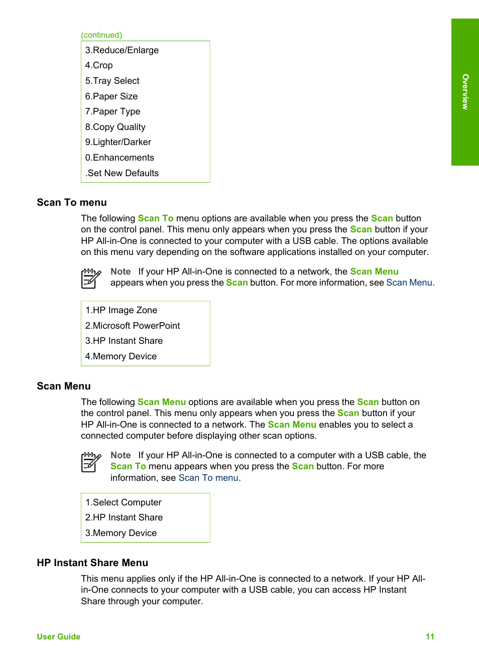 Scan to menu, Scan menu, Hp instant share menu | HP 3200 User Manual | Page 14 / 144