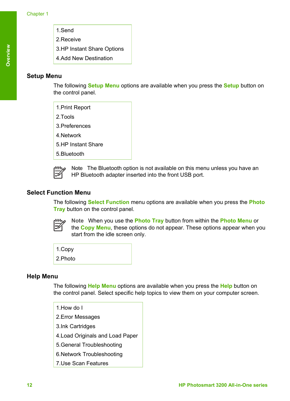 Setup menu, Select function menu, Help menu | HP 3200 User Manual | Page 15 / 144