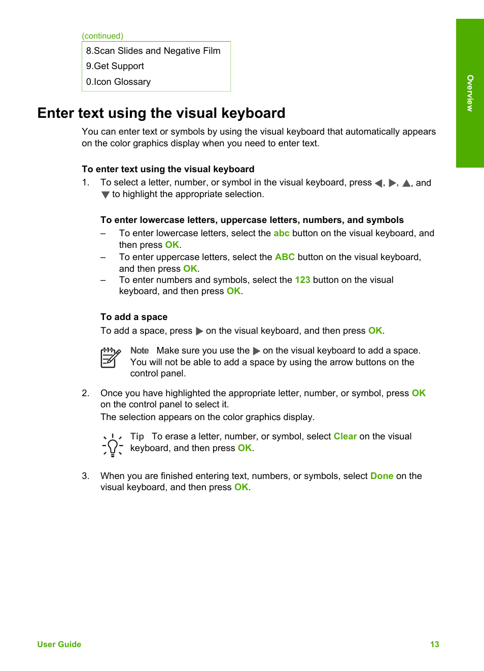 Enter text using the visual keyboard | HP 3200 User Manual | Page 16 / 144