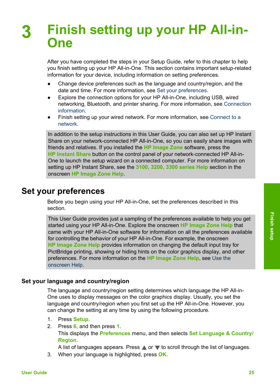 Finish setting up your hp all-in-one, Set your preferences, Set your language and country/region | Finish setting up your hp all-in- one | HP 3200 User Manual | Page 28 / 144