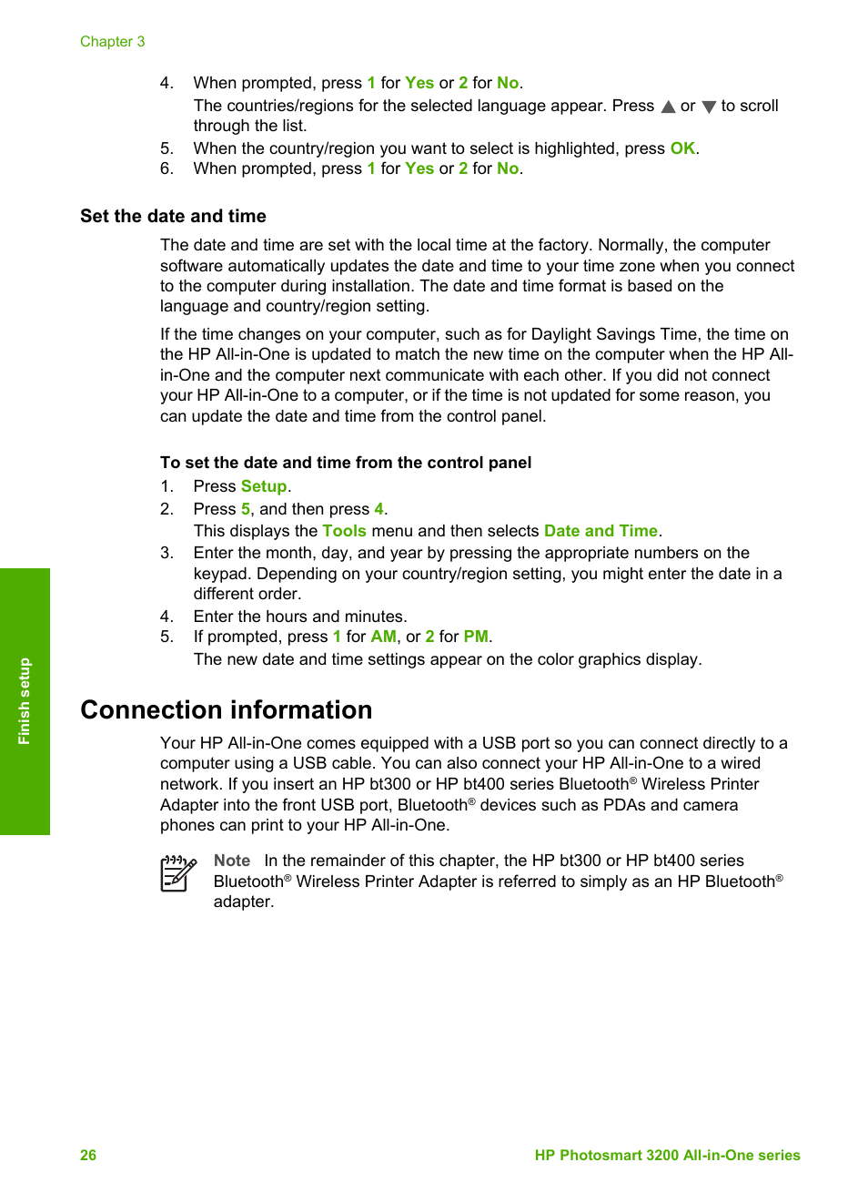 Set the date and time, Connection information, Connection | Information | HP 3200 User Manual | Page 29 / 144