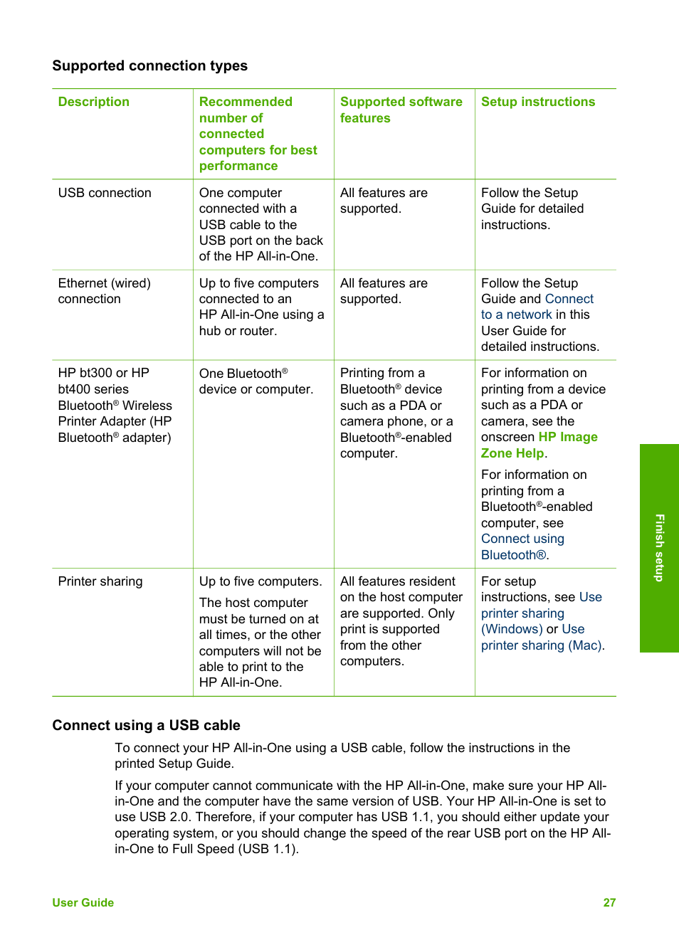 Supported connection types, Connect using a usb cable | HP 3200 User Manual | Page 30 / 144