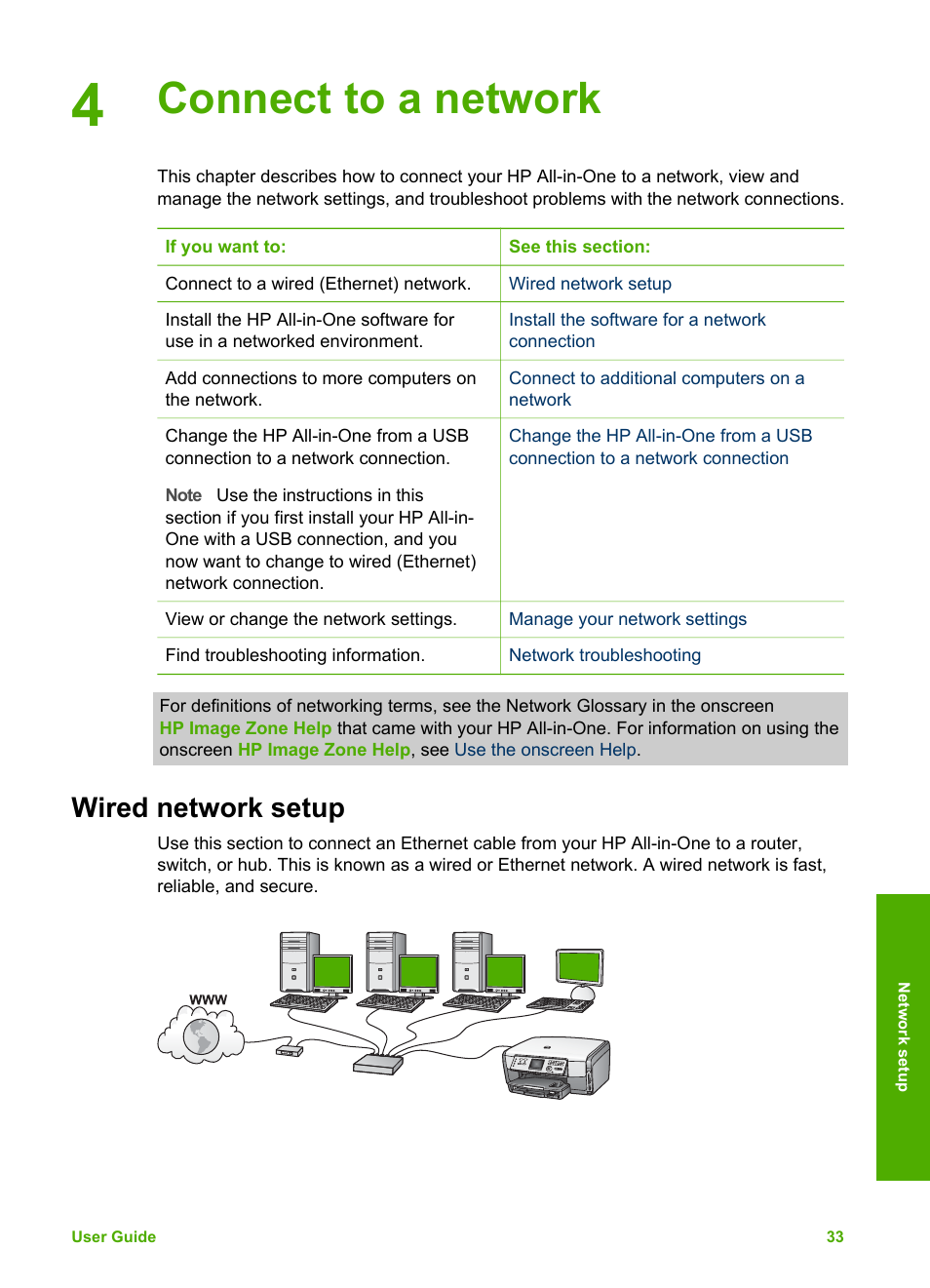 Connect to a network, Wired network setup, Connect to a | Network, Connect, To a network, Also see | HP 3200 User Manual | Page 36 / 144