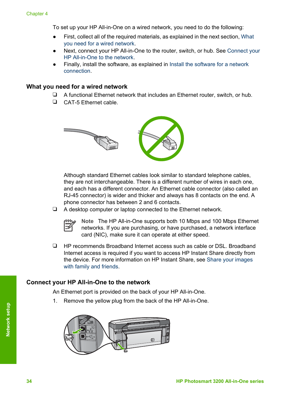 What you need for a wired network, Connect your hp all-in-one to the network | HP 3200 User Manual | Page 37 / 144