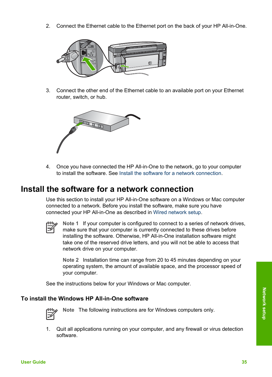 Install the software for a network connection, To install the windows hp all-in-one software, Install the software for a network | Connection | HP 3200 User Manual | Page 38 / 144