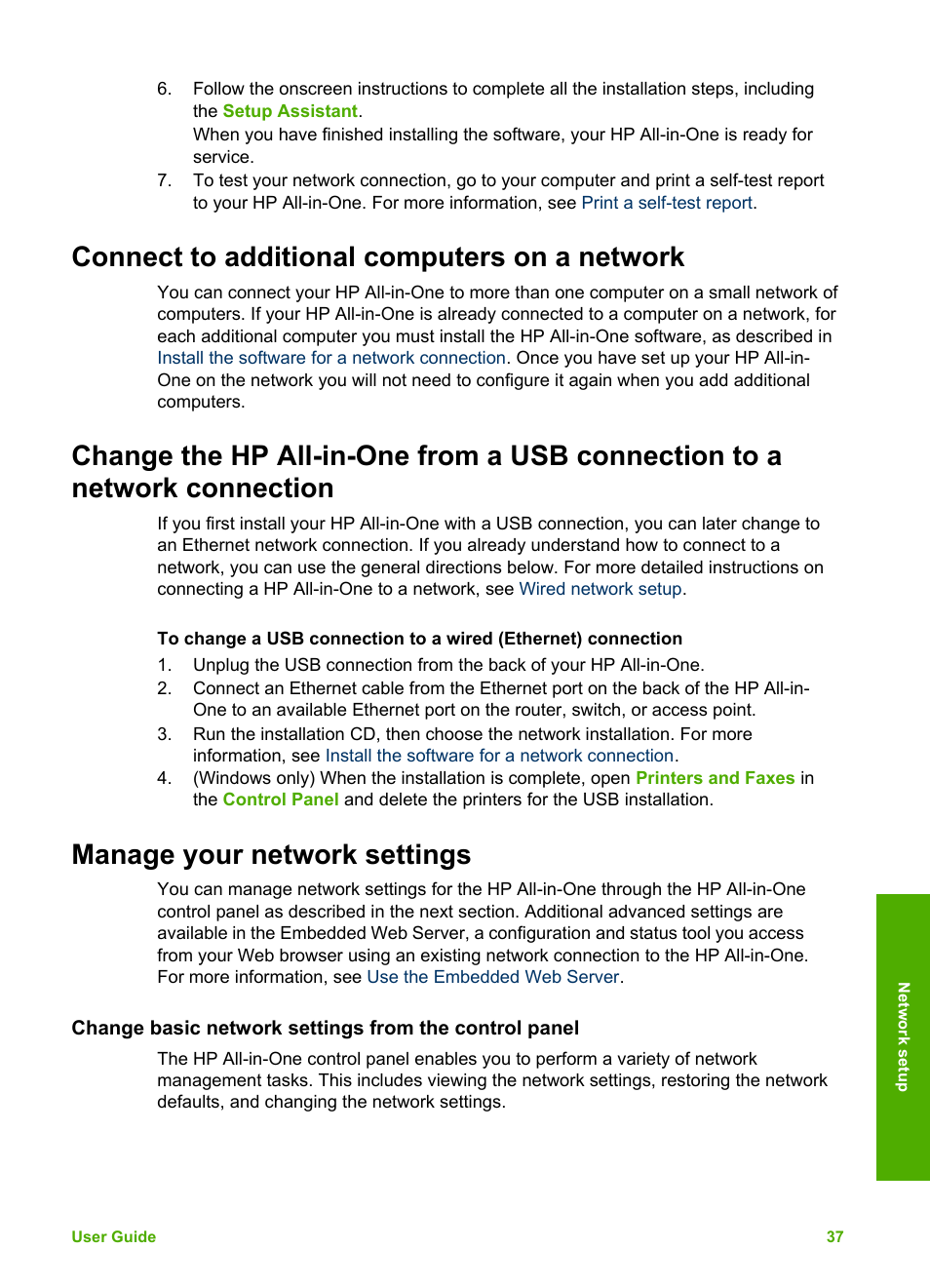 Connect to additional computers on a network, Manage your network settings, View and print network settings | HP 3200 User Manual | Page 40 / 144