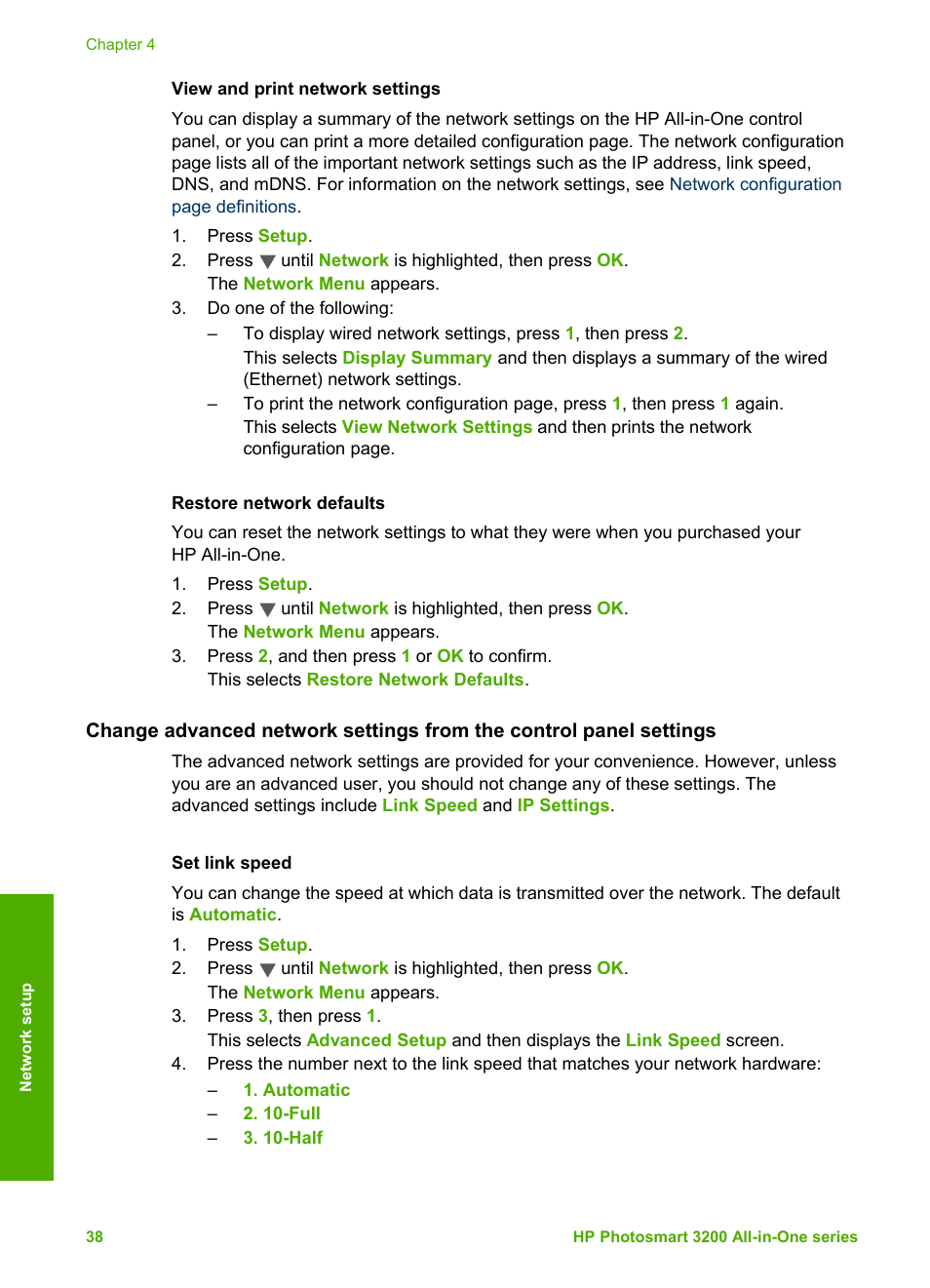 Restore network defaults, Set link speed | HP 3200 User Manual | Page 41 / 144