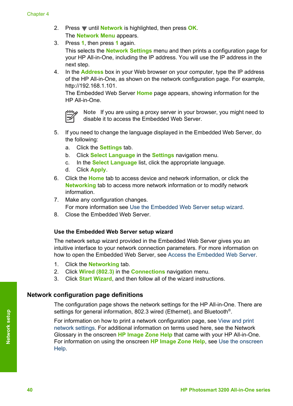 Use the embedded web server setup wizard, General network settings, Subnet mask, see | HP 3200 User Manual | Page 43 / 144