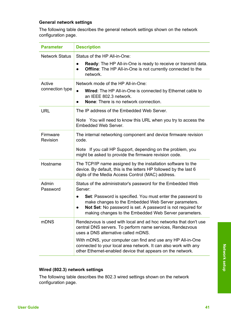 Wired (802.3) network settings | HP 3200 User Manual | Page 44 / 144