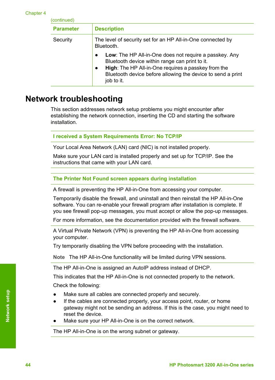 Network troubleshooting, Network, Troubleshooting | HP 3200 User Manual | Page 47 / 144