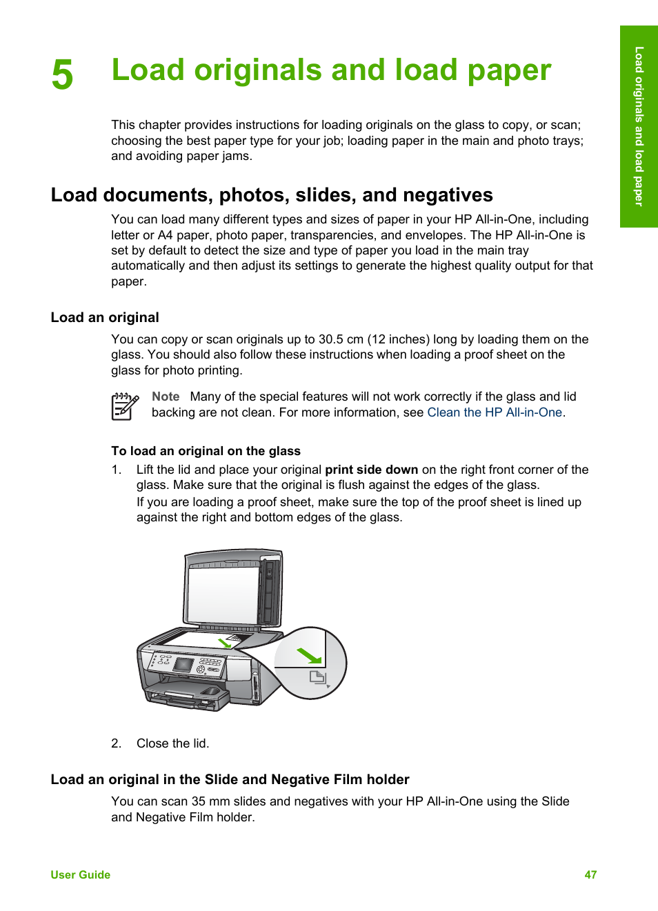 Load originals and load paper, Load documents, photos, slides, and negatives, Load an original | HP 3200 User Manual | Page 50 / 144