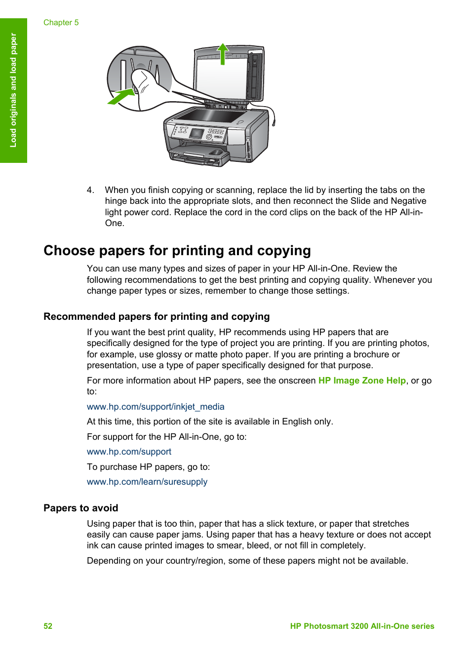 Choose papers for printing and copying, Recommended papers for printing and copying, Papers to avoid | HP 3200 User Manual | Page 55 / 144