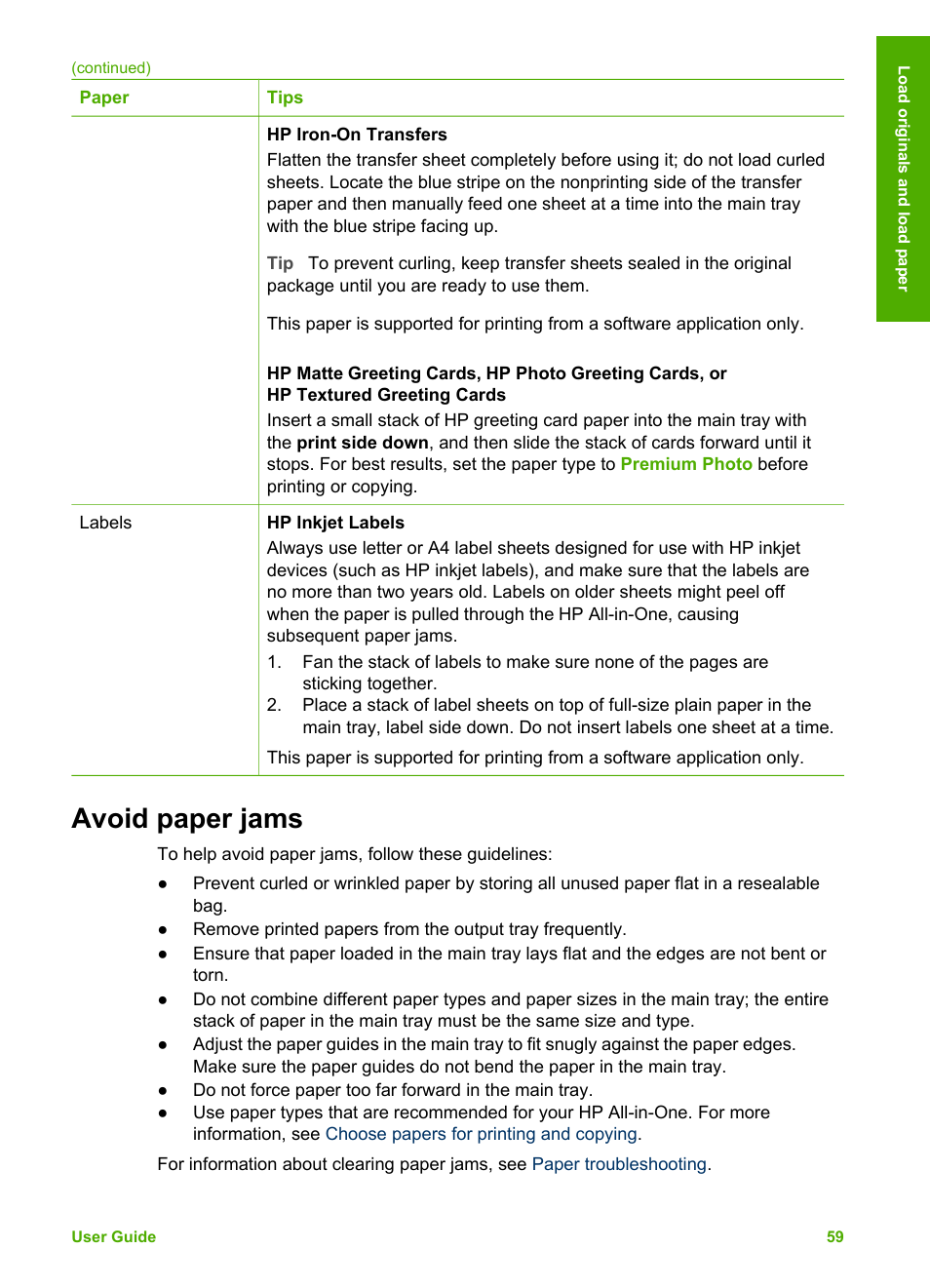 Avoid paper jams | HP 3200 User Manual | Page 62 / 144