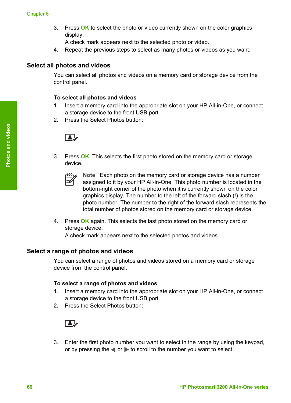 Select all photos and videos, Select a range of photos and videos | HP 3200 User Manual | Page 69 / 144