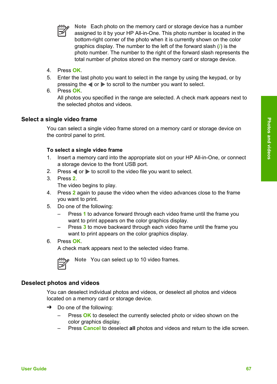 Select a single video frame, Deselect photos and videos | HP 3200 User Manual | Page 70 / 144