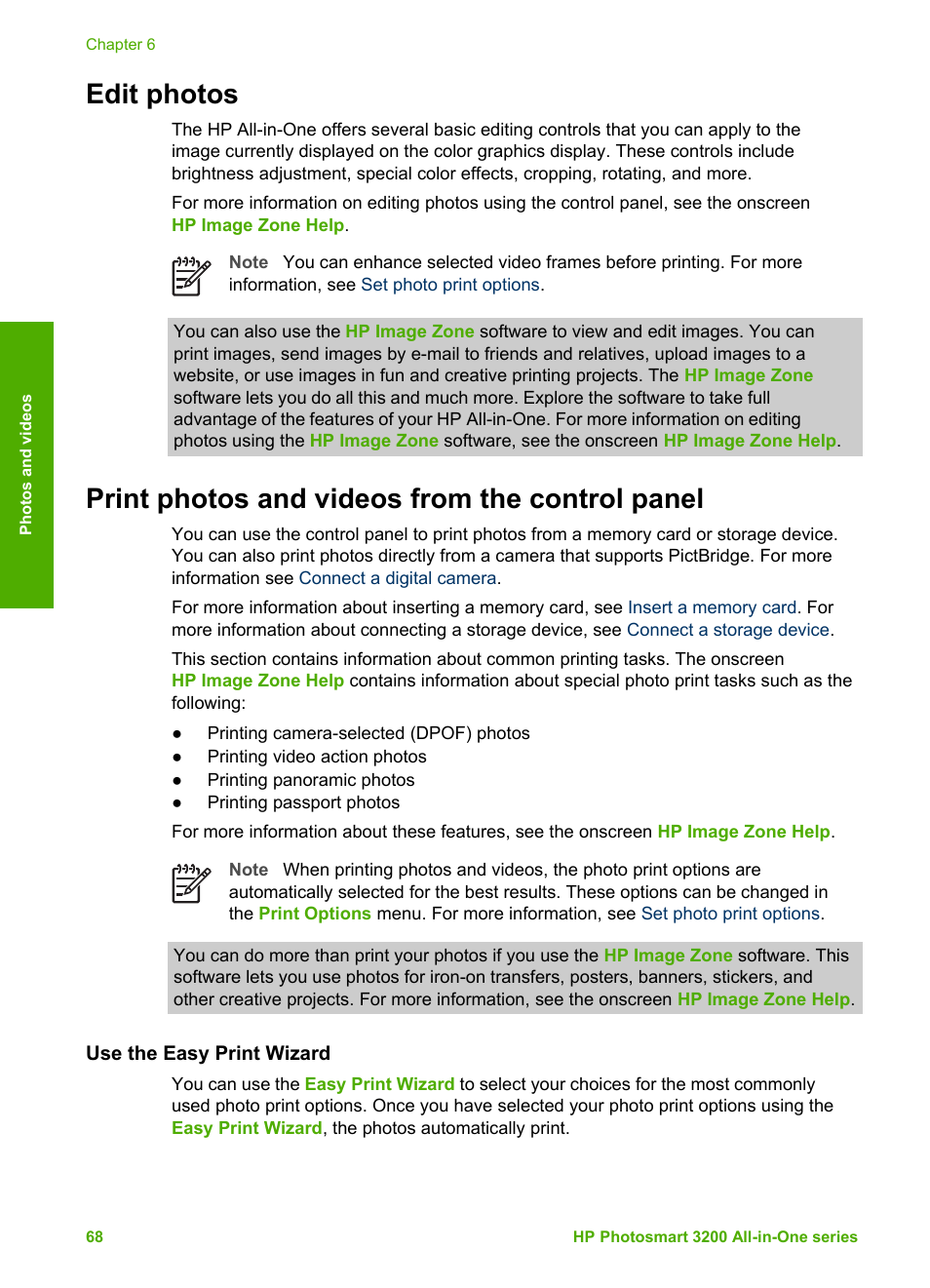 Edit photos, Print photos and videos from the control panel, Use the easy print wizard | HP 3200 User Manual | Page 71 / 144