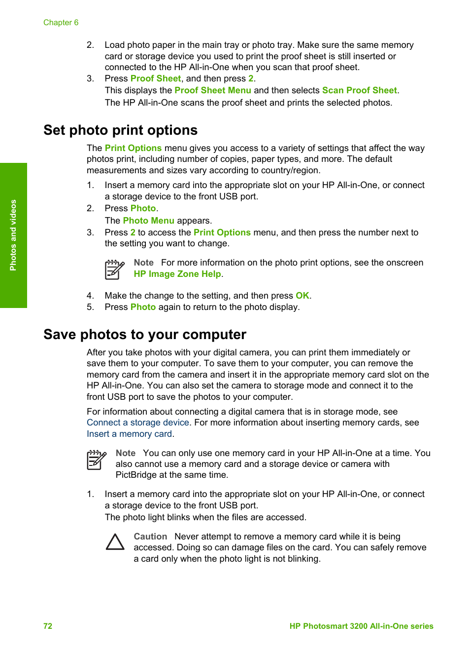 Set photo print options, Save photos to your computer | HP 3200 User Manual | Page 75 / 144