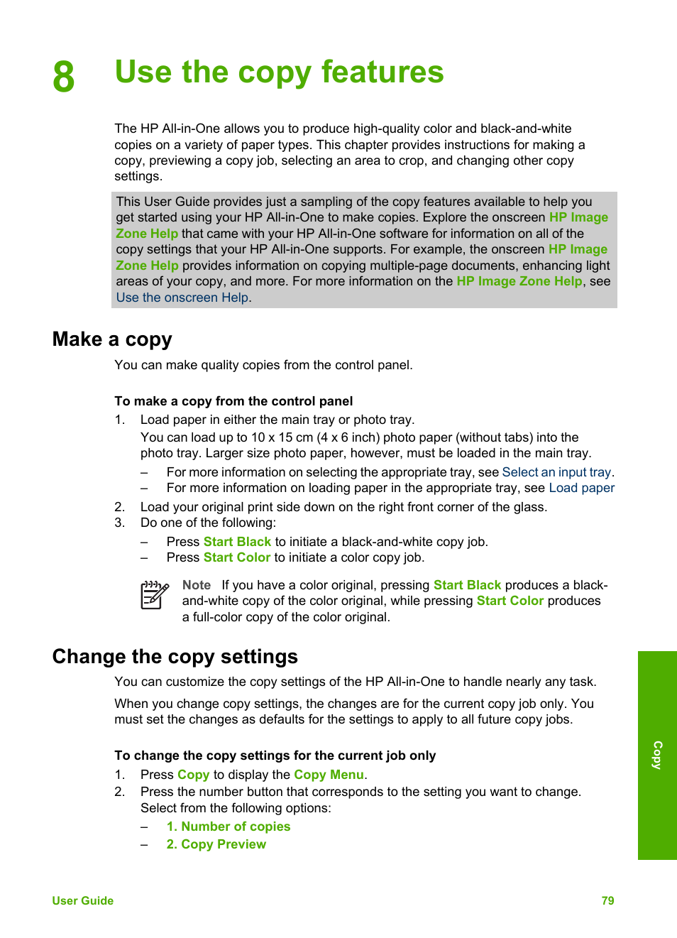 Use the copy features, Make a copy, Change the copy settings | Make a copy change the copy settings | HP 3200 User Manual | Page 82 / 144