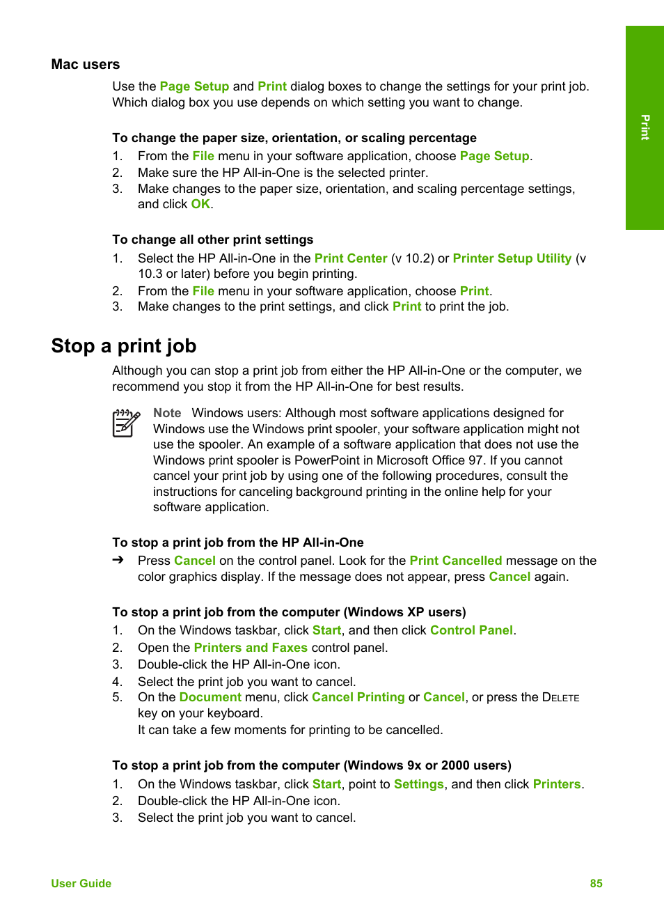 Mac users, Stop a print job | HP 3200 User Manual | Page 88 / 144