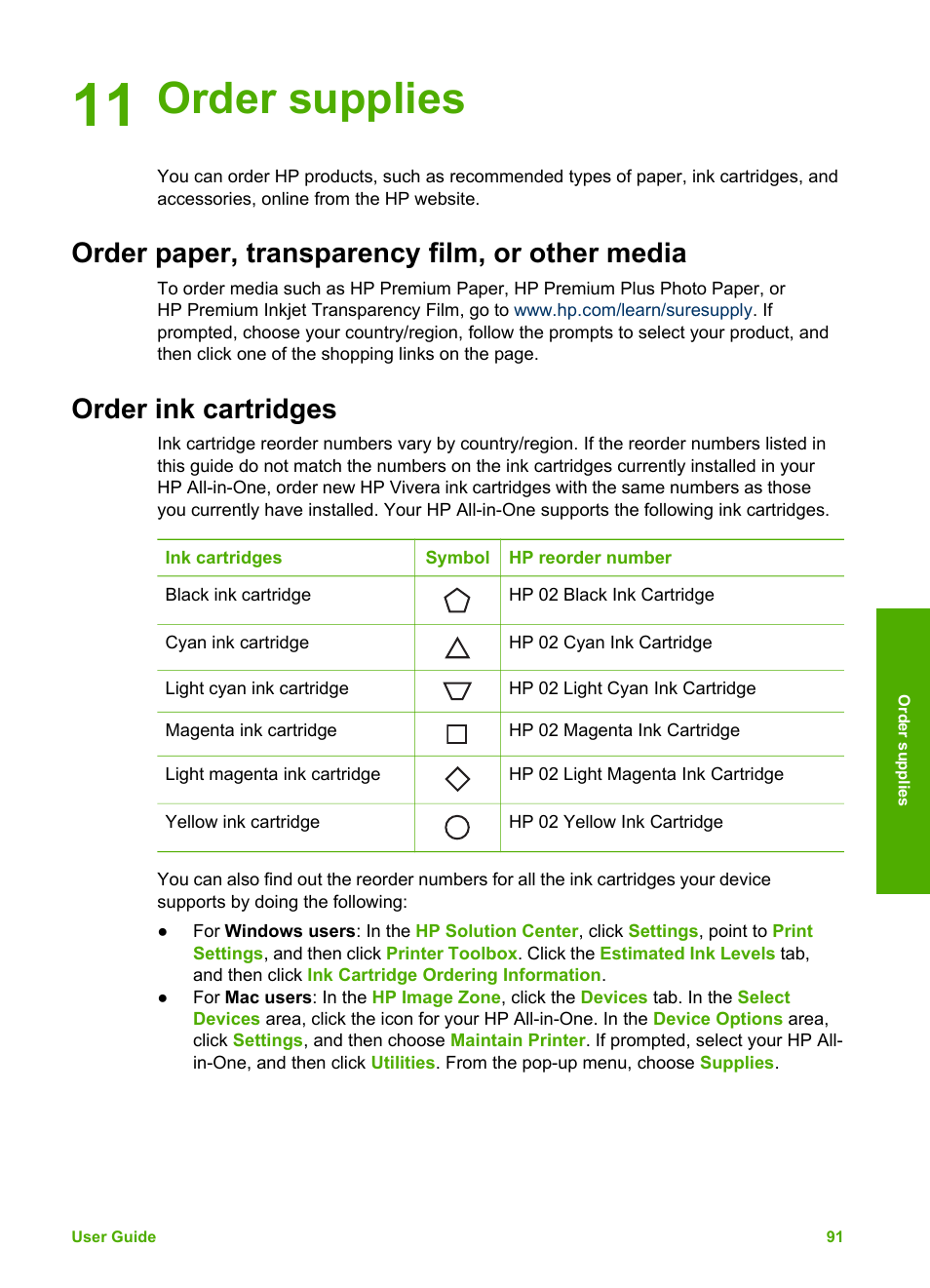 Order supplies, Order paper, transparency film, or other media, Order ink cartridges | 11 order supplies | HP 3200 User Manual | Page 94 / 144