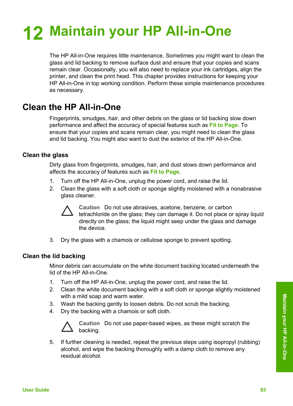 Maintain your hp all-in-one, Clean the hp all-in-one, Clean the glass | Clean the lid backing, 12 maintain your hp all-in-one | HP 3200 User Manual | Page 96 / 144