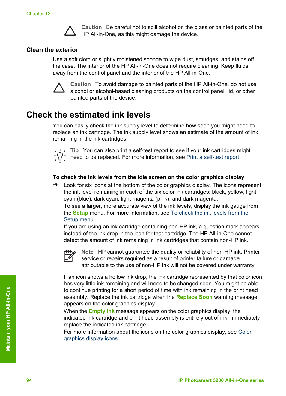 Clean the exterior, Check the estimated ink levels | HP 3200 User Manual | Page 97 / 144