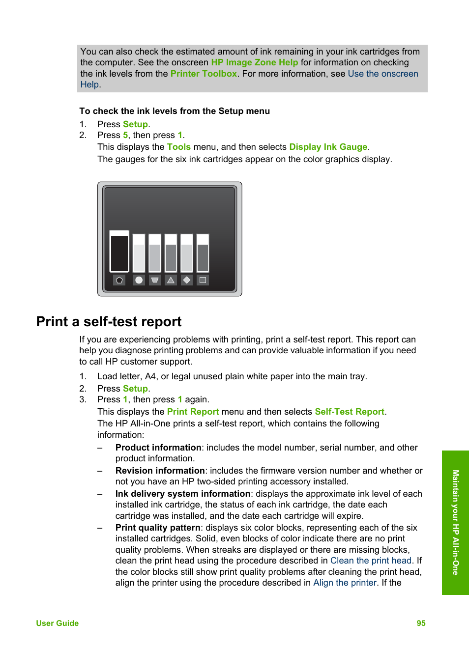 Print a self-test report, To check the ink levels from the, Setup menu | HP 3200 User Manual | Page 98 / 144