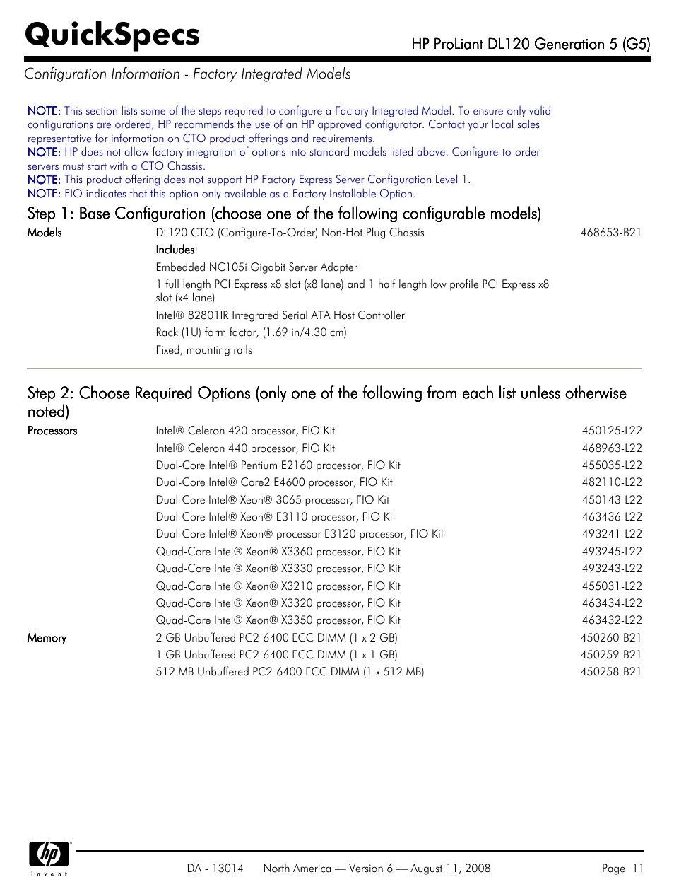 Quickspecs | HP ProLiant DL120 User Manual | Page 11 / 28