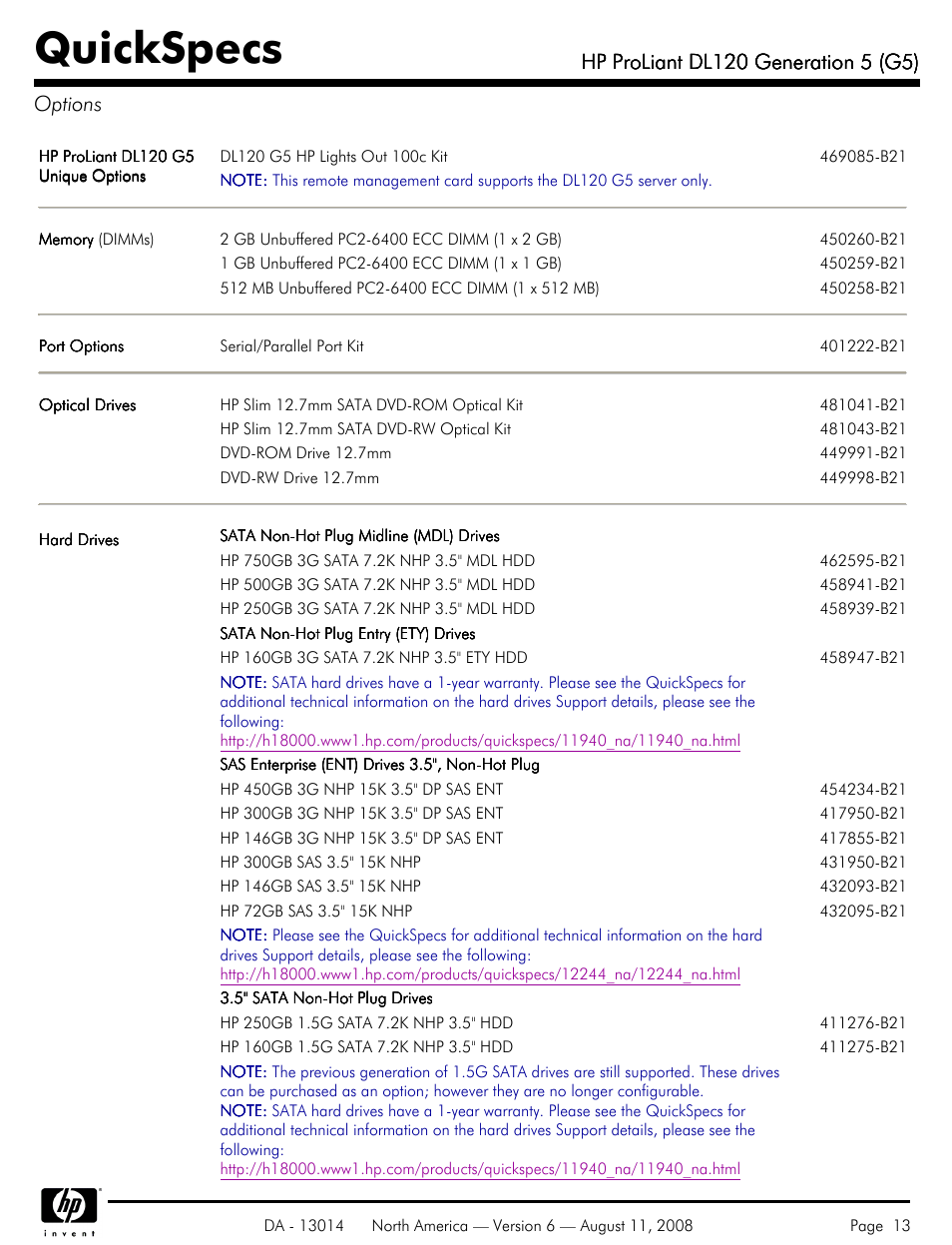 Options, Quickspecs | HP ProLiant DL120 User Manual | Page 13 / 28