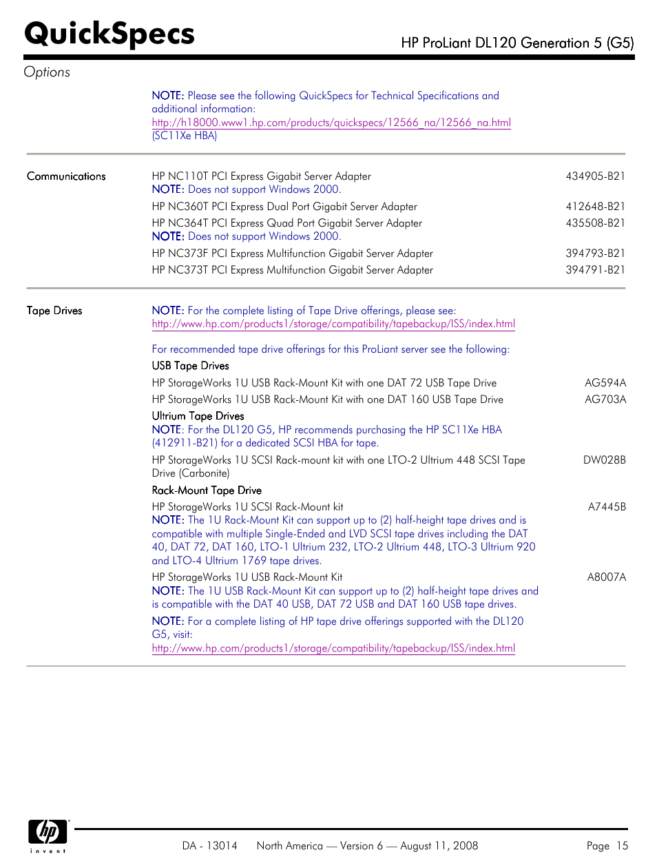 Quickspecs | HP ProLiant DL120 User Manual | Page 15 / 28