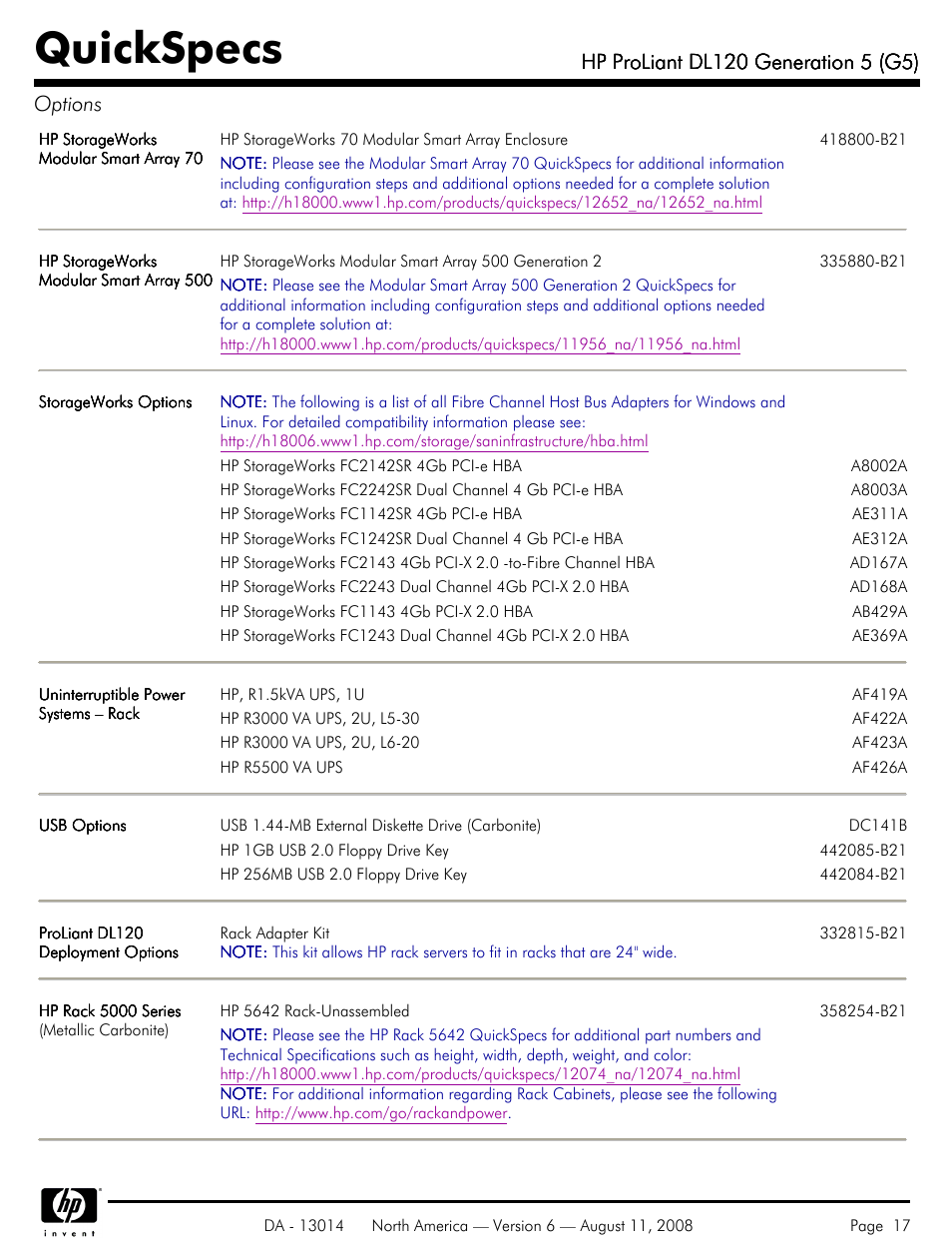 Quickspecs | HP ProLiant DL120 User Manual | Page 17 / 28
